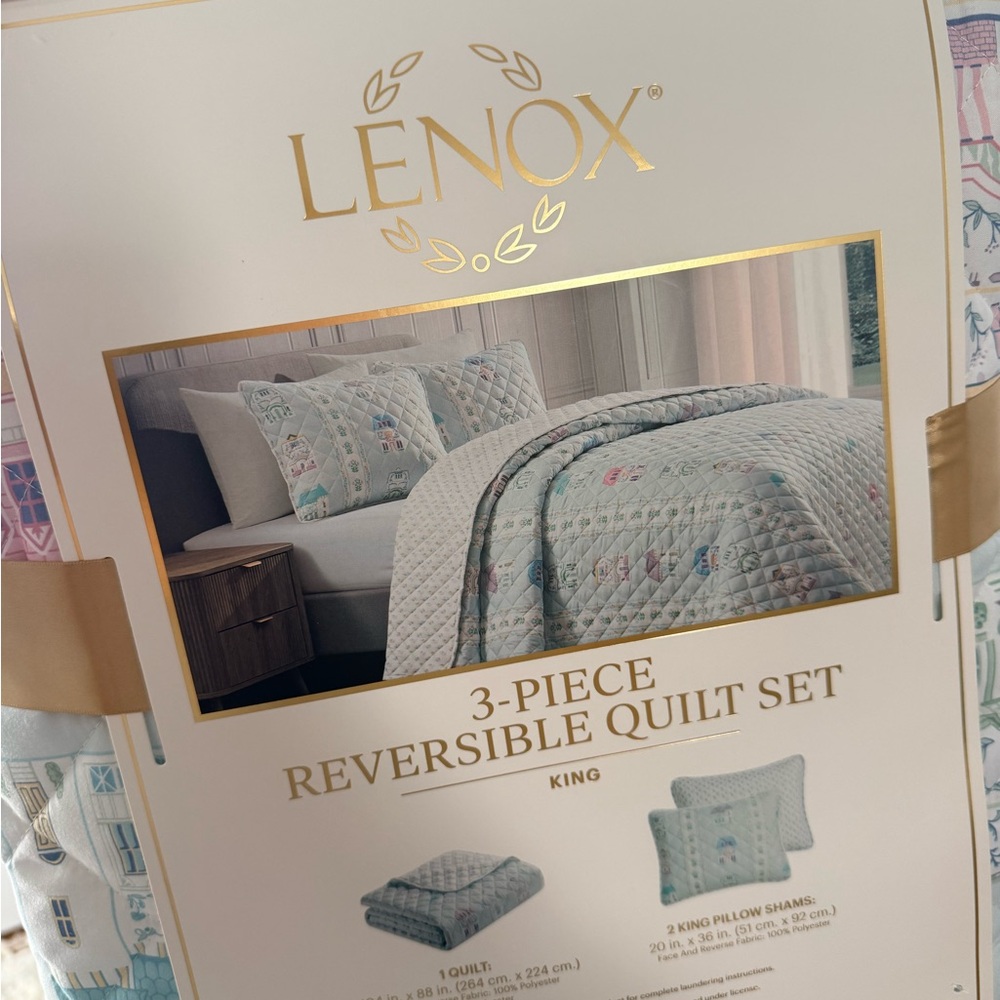 Lenox spice village Pastel Blue and White Reversible Quilt Set - King - Picture 3 of 3